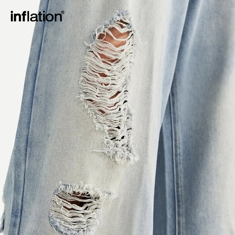 INFLATION Vintage Washed Wide Leg Jeans Mens Street Style  Trendy Distressed Denim Pants With Pockets