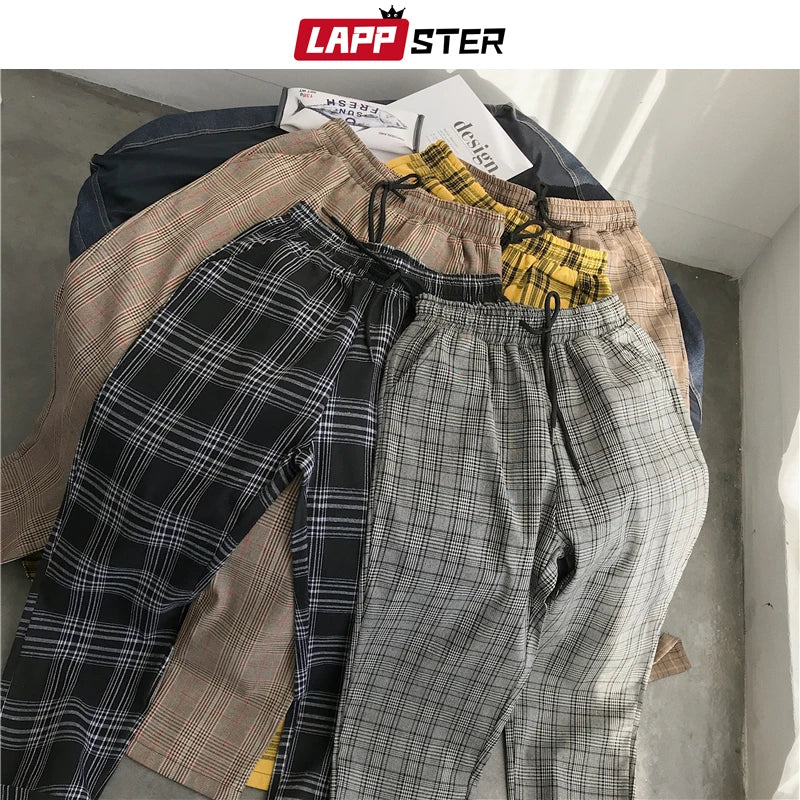 LAPPSTER Mens Black Harajuku Plaid Pants 2023 Men Japanese Streetwear Baggy Sweatpants Male 5 Colors Vintage Casual Trousers