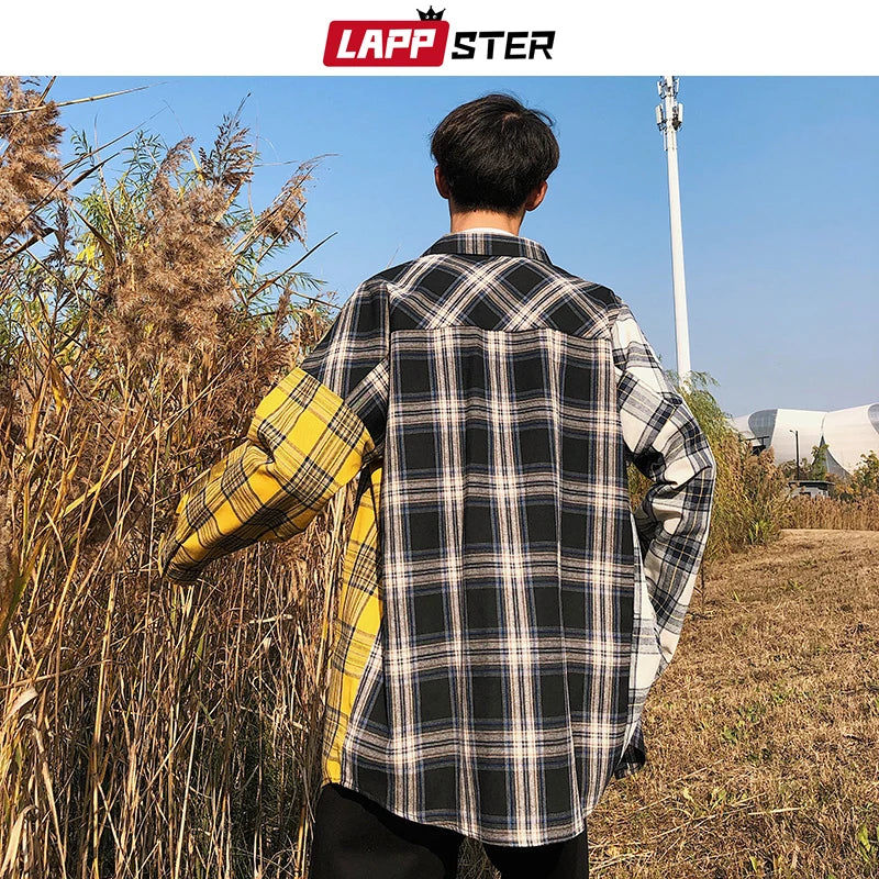 LAPPSTER Men Oversized Cotton Plaid Shirt 2023 Man Hip Hop Patchwork Button Up Long Sleeve Shirt Couple Korean Harajuku Clothing