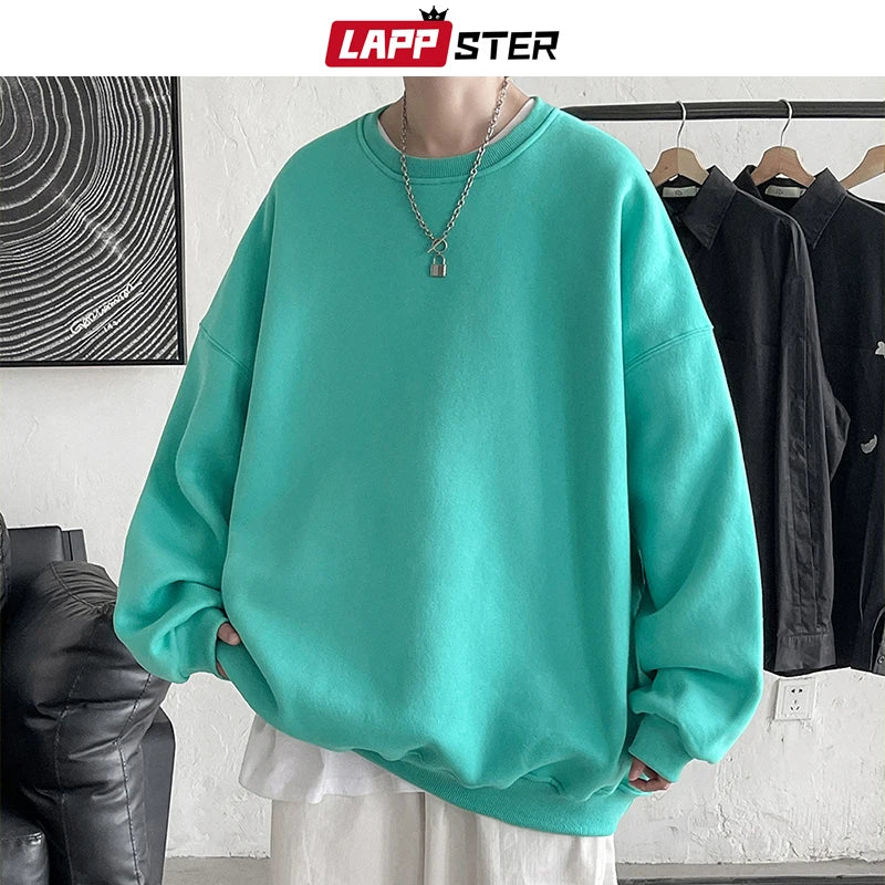 LAPPSTER Men Colorfuls Black Solid Hoodies 2023 Mens Oversized Japanese Streetwear Sweatshirts Man Harajuku Crewneck Hoodie 5XL