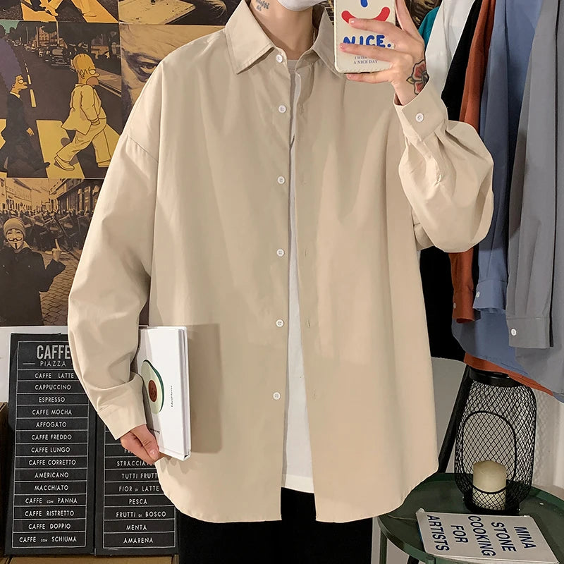 LAPPSTER Men Solid Vintage Long Sleeve Harajuku Shirts 2023 Mens Japanese Streetwear Causal Shirts Man Button Up Oversized Shirt