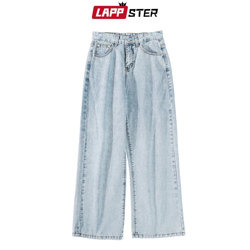 LAPPSTER Men Korean Streetwear Wide Legs Baggy Jeans 2023 Mens Autumn Harajuku Vintage Blue Denim Pants Male Casual Cargo Pants