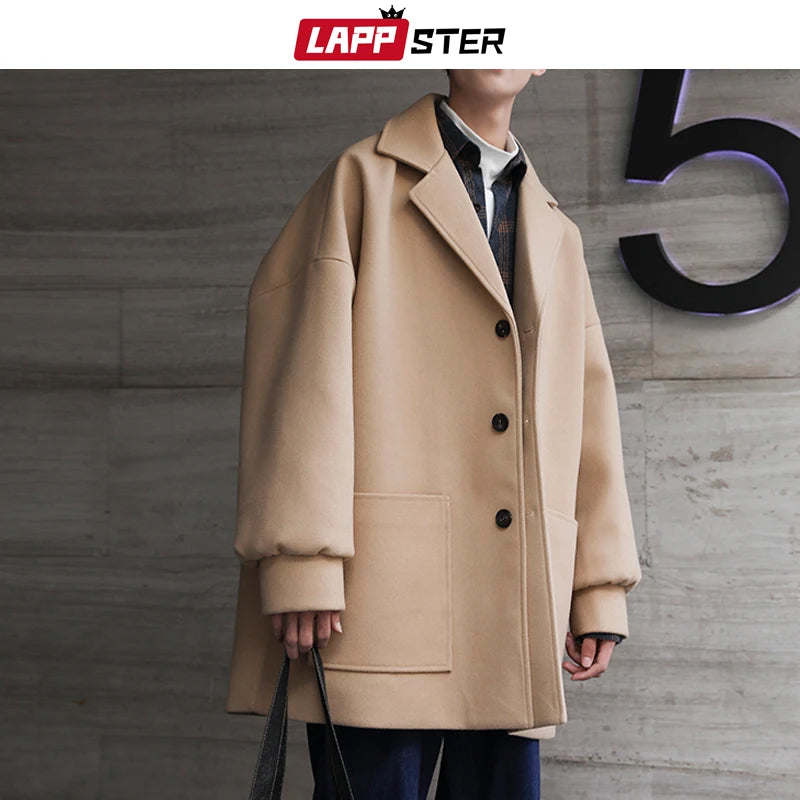 LAPPSTER Oversized Men Korean Solid Winter Coat 2023 Wool Coat Male Black Harajuku Trench Coat Flannel Button Jackets And Coats