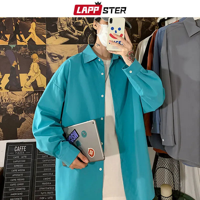 LAPPSTER Men Solid Vintage Long Sleeve Harajuku Shirts 2023 Mens Japanese Streetwear Causal Shirts Man Button Up Oversized Shirt