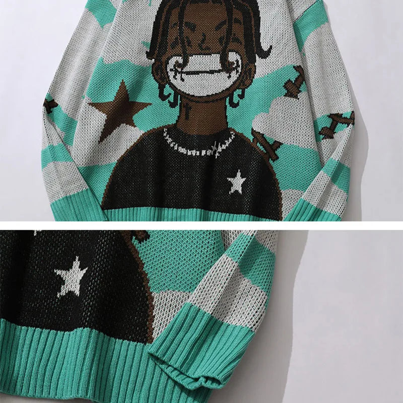 Harajuku vintage cartoon anime knitted sweater men winter oversized men's rock hip hop rap pullover women jumper ugly sweater