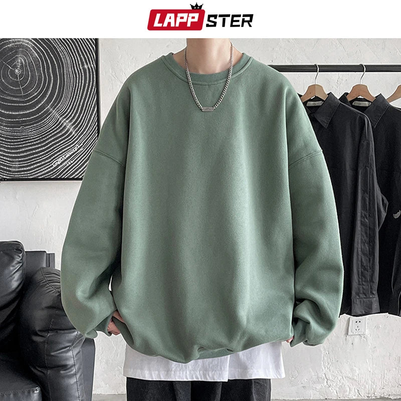 LAPPSTER Men Colorfuls Black Solid Hoodies 2023 Mens Oversized Japanese Streetwear Sweatshirts Man Harajuku Crewneck Hoodie 5XL