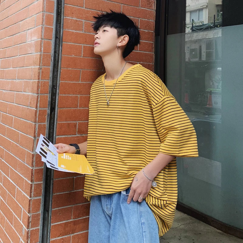 LAPPSTER Men Oversized Striped Tshirts 2023 Harajuku Cotton Tops Mens Colorful Yellow Tshirts Couple Streetwear T-shirts Tees