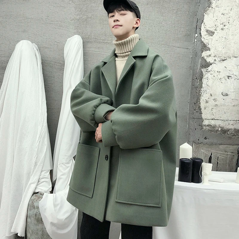 LAPPSTER Oversized Men Korean Solid Winter Coat 2023 Wool Coat Male Black Harajuku Trench Coat Flannel Button Jackets And Coats