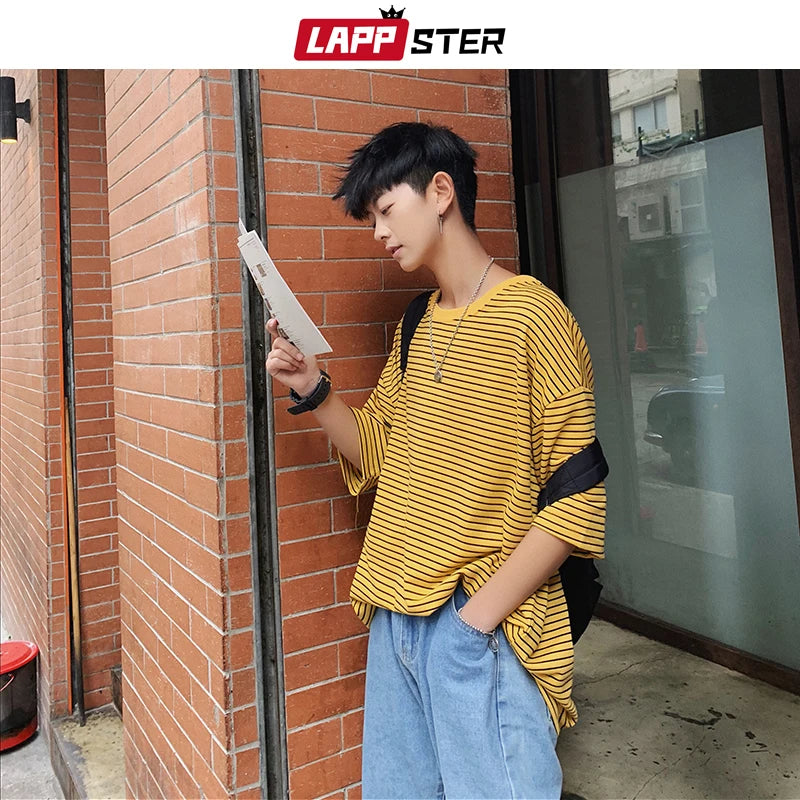 LAPPSTER Men Japanese Streetwear Yellow T Shirt 2023 Summer Mens Harajuku Hip Hop T Shirts Couple Korean Casual Tees T-shirts