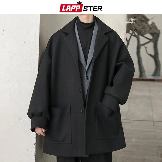 LAPPSTER Oversized Men Korean Solid Winter Coat 2023 Wool Coat Male Black Harajuku Trench Coat Flannel Button Jackets And Coats