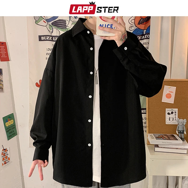 LAPPSTER Men Solid Vintage Long Sleeve Harajuku Shirts 2023 Mens Japanese Streetwear Causal Shirts Man Button Up Oversized Shirt