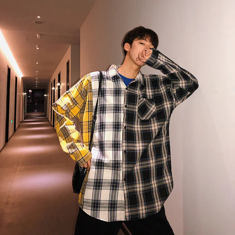 LAPPSTER Men Oversized Cotton Plaid Shirt 2023 Man Hip Hop Patchwork Button Up Long Sleeve Shirt Couple Korean Harajuku Clothing