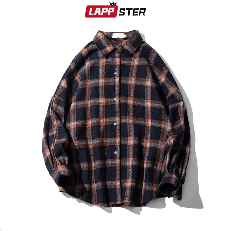 LAPPSTER Y2k Harajuku Harajuku Plaid Shirt 2023 Man Streetwear Fleece Shirts Long Sleeve Mens Vintage Korean Fashions Clothes