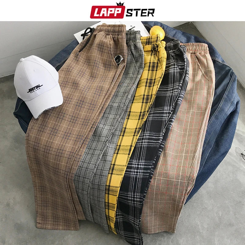 LAPPSTER Mens Black Harajuku Plaid Pants 2023 Men Japanese Streetwear Baggy Sweatpants Male 5 Colors Vintage Casual Trousers