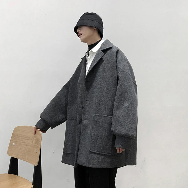 LAPPSTER Oversized Men Korean Solid Winter Coat 2023 Wool Coat Male Black Harajuku Trench Coat Flannel Button Jackets And Coats