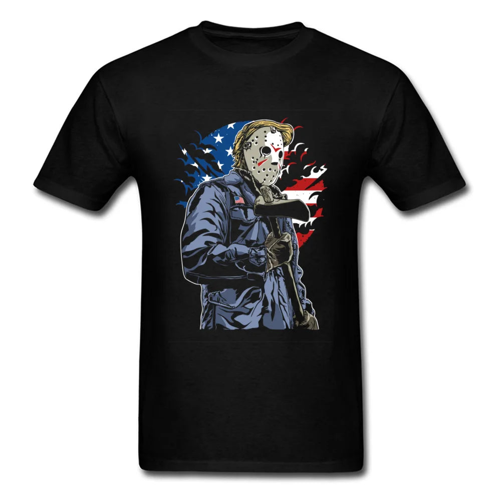 Mask Man With Ax Vintage US Flag Print Men Black T-shirt Crazy Character Short Sleeve Cotton Tops Tees Funky College T Shirt