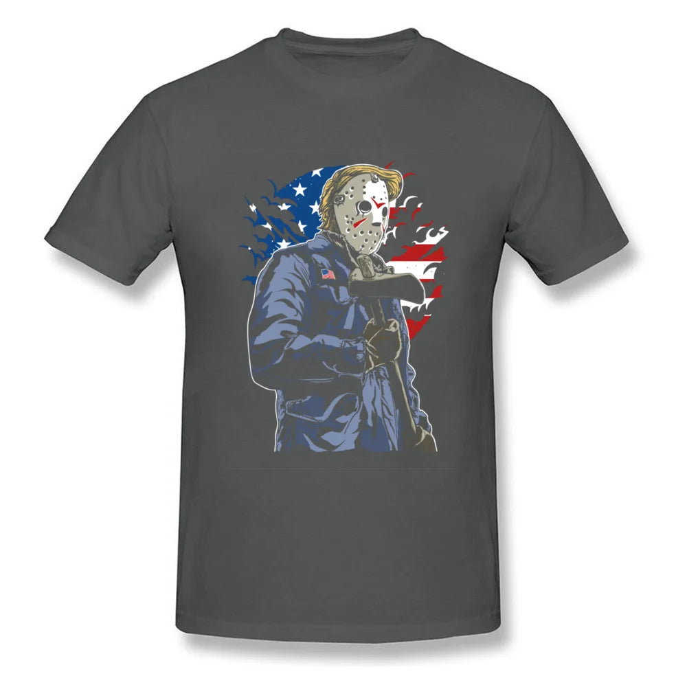 Mask Man With Ax Vintage US Flag Print Men Black T-shirt Crazy Character Short Sleeve Cotton Tops Tees Funky College T Shirt