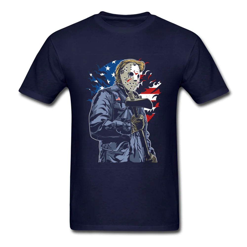 Mask Man With Ax Vintage US Flag Print Men Black T-shirt Crazy Character Short Sleeve Cotton Tops Tees Funky College T Shirt