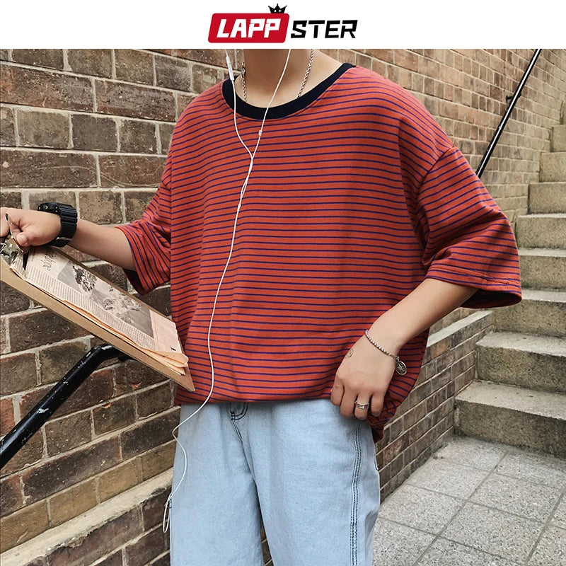 LAPPSTER Men Oversized Striped Tshirts 2023 Harajuku Cotton Tops Mens Colorful Yellow Tshirts Couple Streetwear T-shirts Tees