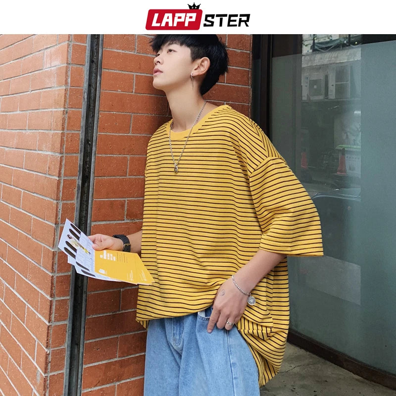 LAPPSTER Men Japanese Streetwear Yellow T Shirt 2023 Summer Mens Harajuku Hip Hop T Shirts Couple Korean Casual Tees T-shirts