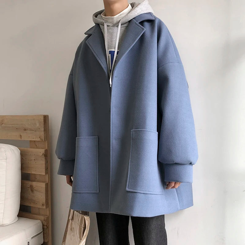 LAPPSTER Oversized Men Korean Solid Winter Coat 2023 Wool Coat Male Black Harajuku Trench Coat Flannel Button Jackets And Coats