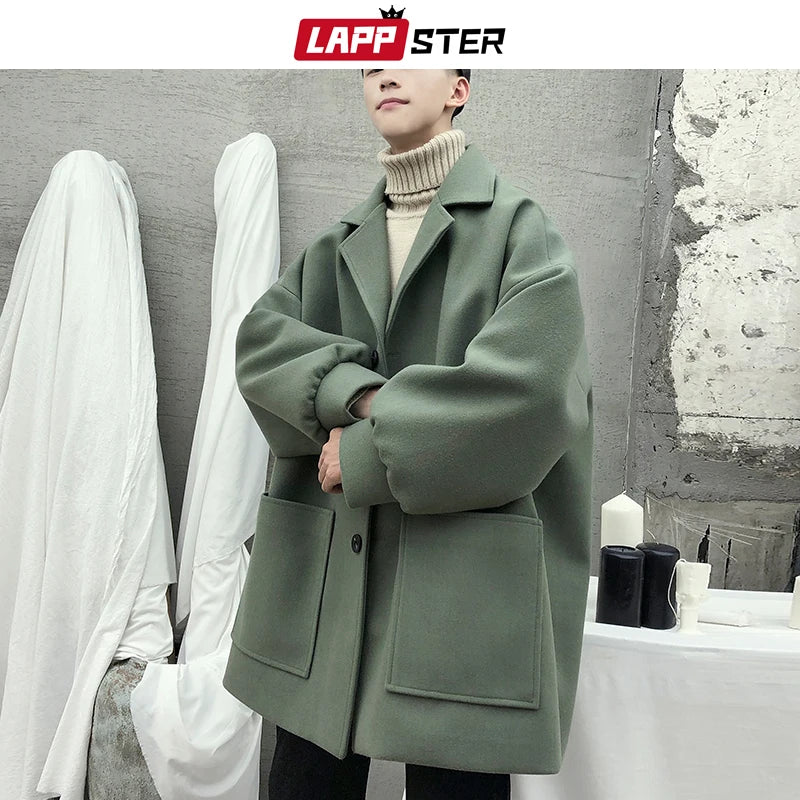 LAPPSTER Oversized Men Korean Solid Winter Coat 2023 Wool Coat Male Black Harajuku Trench Coat Flannel Button Jackets And Coats