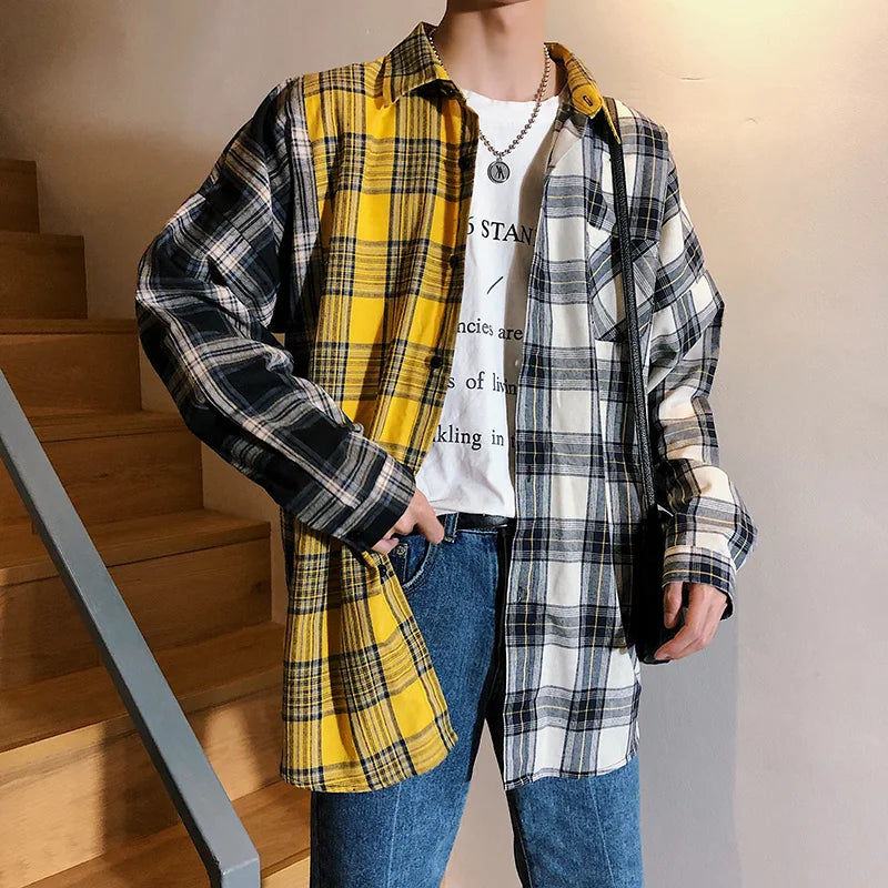 LAPPSTER Men Oversized Cotton Plaid Shirt 2023 Man Hip Hop Patchwork Button Up Long Sleeve Shirt Couple Korean Harajuku Clothing