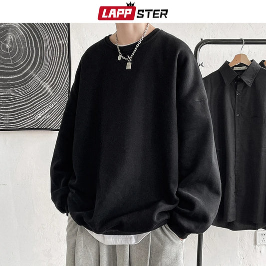 LAPPSTER Men Colorfuls Black Solid Hoodies 2023 Mens Oversized Japanese Streetwear Sweatshirts Man Harajuku Crewneck Hoodie 5XL