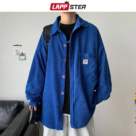 LAPPSTER Men Corduroy Vintage Autumn Shirts 2023 Mens Korean Fashion Harajuku Shirts Male Oversized Streetwear Colorful Shirts