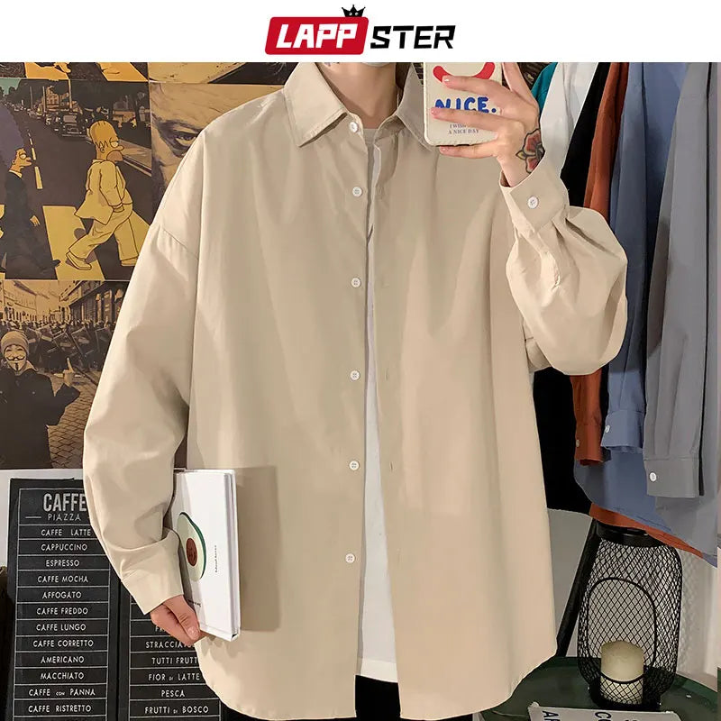 LAPPSTER Men Solid Vintage Long Sleeve Harajuku Shirts 2023 Mens Japanese Streetwear Causal Shirts Man Button Up Oversized Shirt