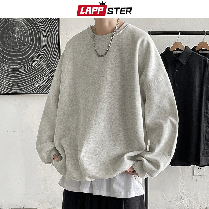 LAPPSTER Men Colorfuls Black Solid Hoodies 2023 Mens Oversized Japanese Streetwear Sweatshirts Man Harajuku Crewneck Hoodie 5XL