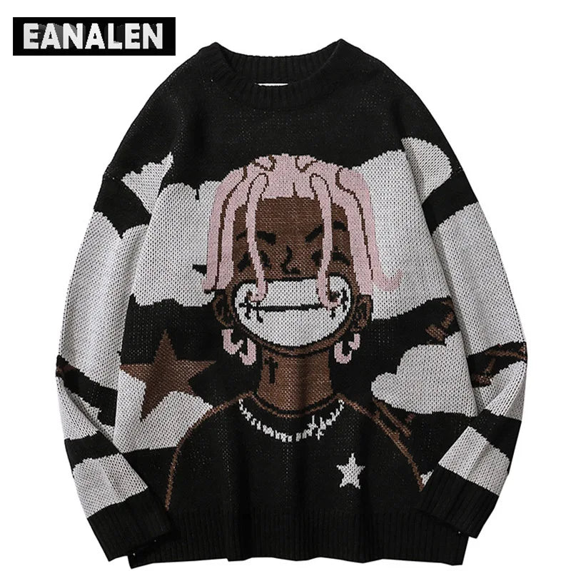 Harajuku vintage cartoon anime knitted sweater men winter oversized men's rock hip hop rap pullover women jumper ugly sweater