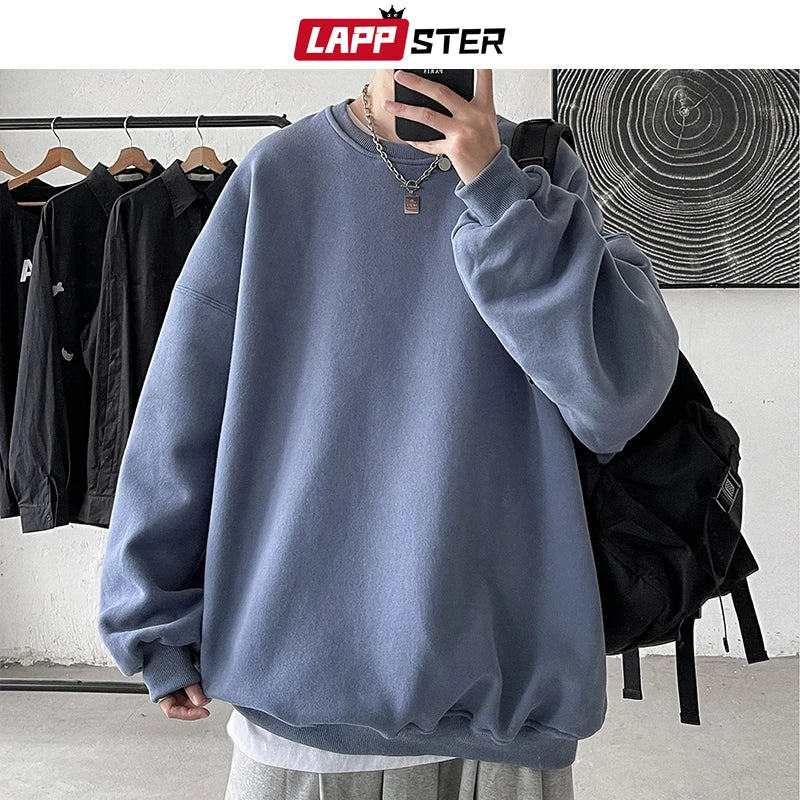 LAPPSTER Men Colorfuls Black Solid Hoodies 2023 Mens Oversized Japanese Streetwear Sweatshirts Man Harajuku Crewneck Hoodie 5XL