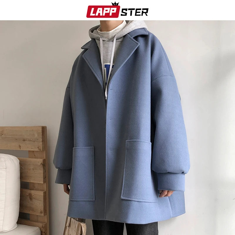 LAPPSTER Oversized Men Korean Solid Winter Coat 2023 Wool Coat Male Black Harajuku Trench Coat Flannel Button Jackets And Coats