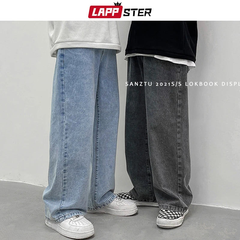 LAPPSTER Men Korean Streetwear Wide Legs Baggy Jeans 2023 Mens Autumn Harajuku Vintage Blue Denim Pants Male Casual Cargo Pants