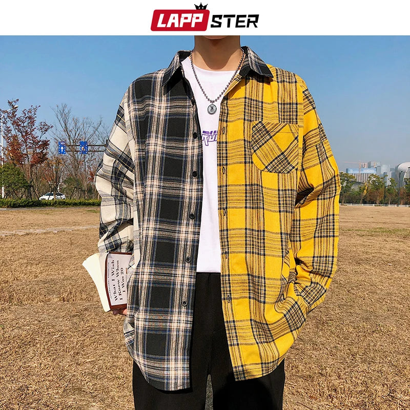 LAPPSTER Men Oversized Cotton Plaid Shirt 2023 Man Hip Hop Patchwork Button Up Long Sleeve Shirt Couple Korean Harajuku Clothing