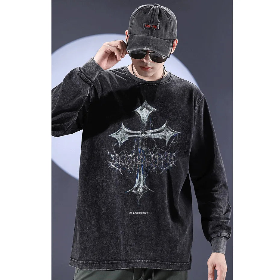 black source Oversize Fashion Mens Graphic T-Shirt Acid Wash T Shirt 2022 Summer Vintage Unisex High Street Cross Pattern