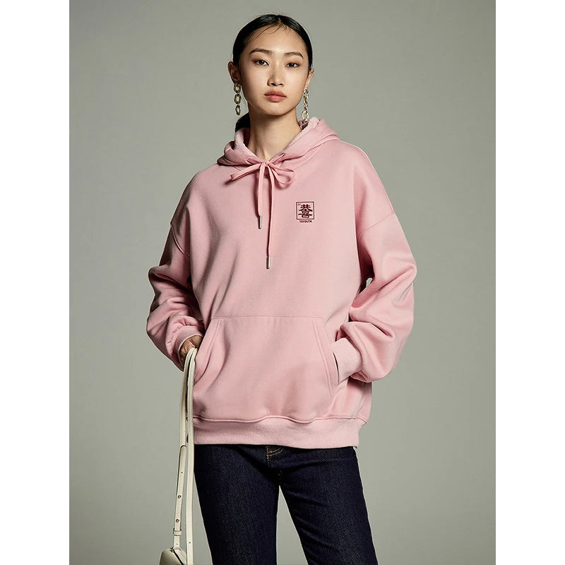 Toyouth Women Plush Hoodies 2023 Winter Long Sleeve Loose Hooded Sweatshirt Chinese Character Printing Fashion Versatile Tops