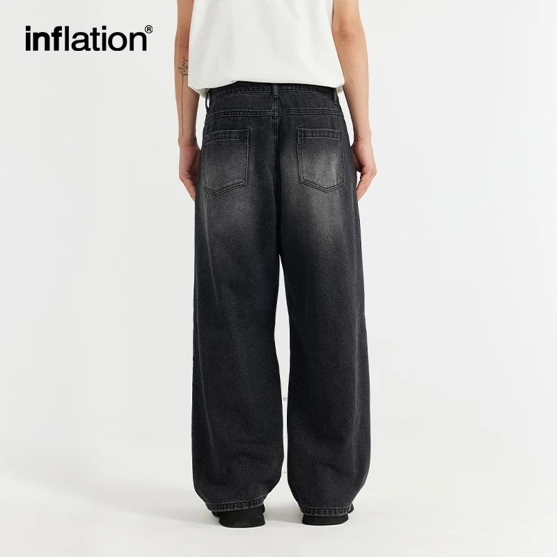 INFLATION Retro Washed Straight Denim Trousers Men High Street Ripped Wide Leg Jeans