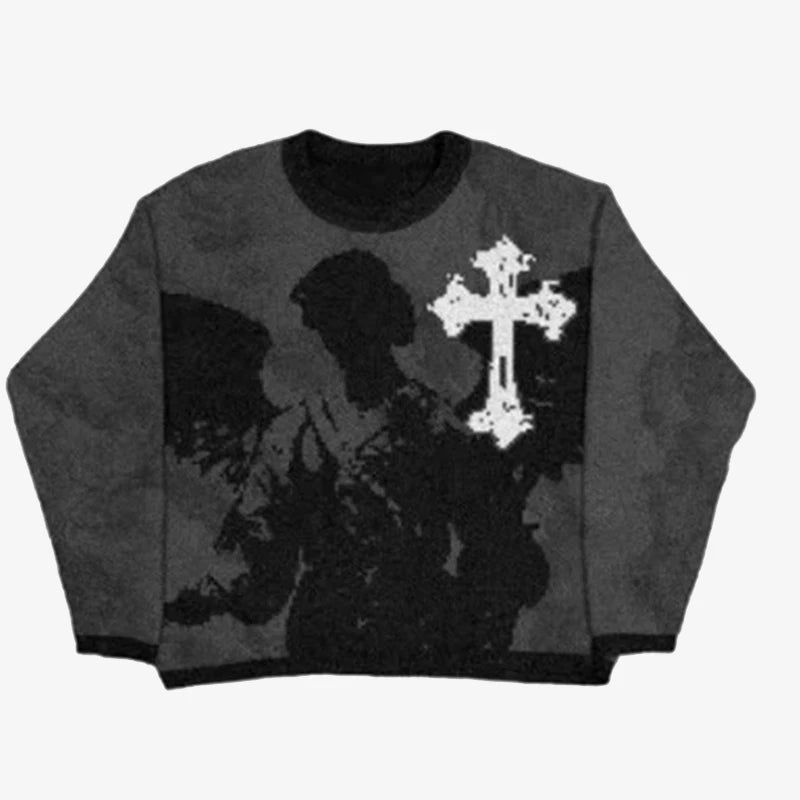 Men Casual Sweater Streetwear Sweater Knitted Sweater Retro Painting Anime Demon Hip Hop Knitted Graphic Vintage Pullover