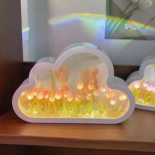 INS Handmade DIY Cloud Tulip Mirror Small Night Light INS Girl Heart Living Room Desktop Decoration Birthday Gift Holiday Gift