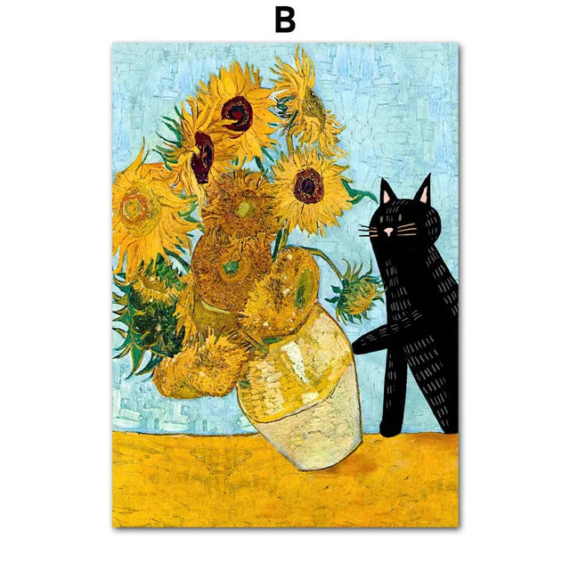 Funny Art Matisse Monet Black Cat Van Gogh Sunflowers Canvas Painting Posters and Prints Wall Pictures for Living Room Decor