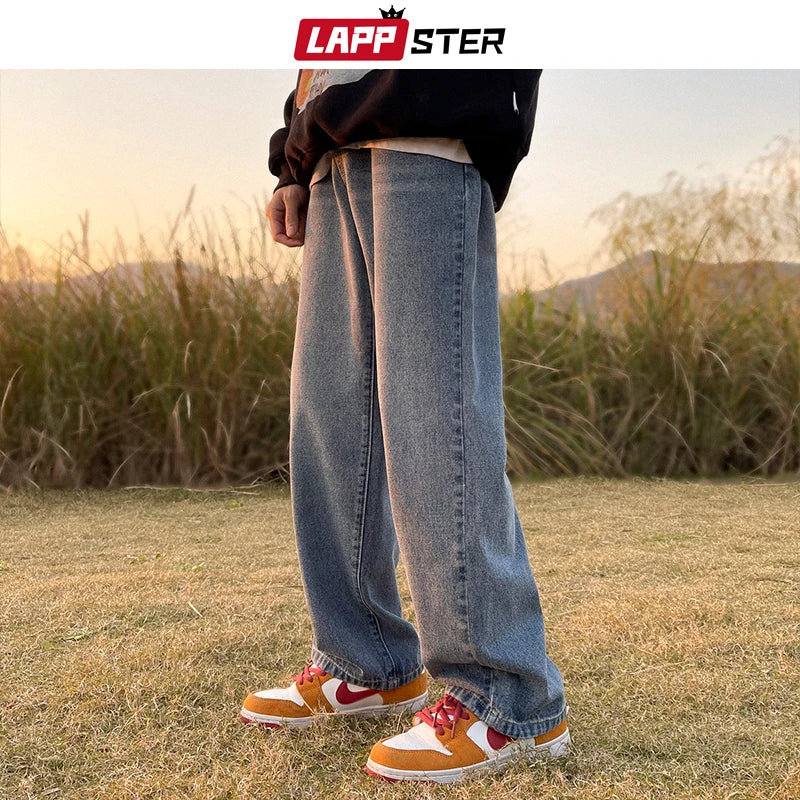 LAPPSTER Men Solid Streetwear Jeans Pants 2023 Mens Baggy Wide Leg Denim Trousers Male Black Korean Fashion Joggers Sweatpants