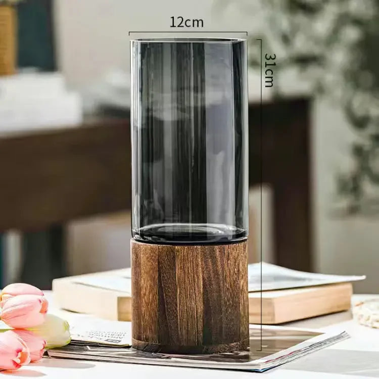 Vases Simple European Hydroponic Plant Household Living Room Table  Inserted Flower Wood Base Transparent Glass Vase Home Decor
