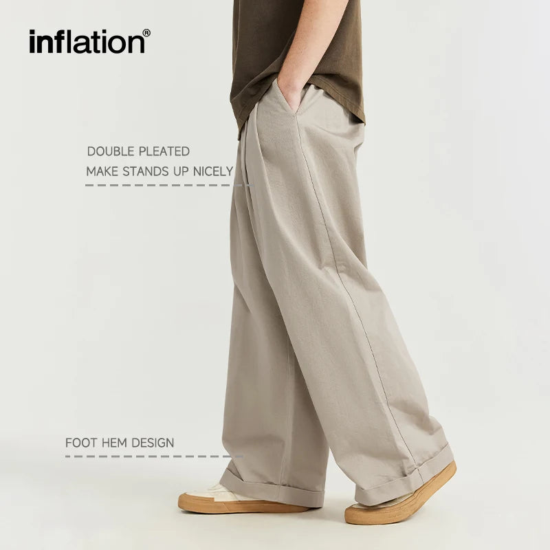 INFLATION Japanese Style Double Pleat Straight Leg Pants Unisex Trendy Casual Trousers