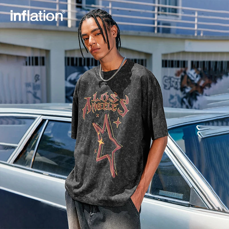 INFLATION Distressed Effect Full Printed T-shirt Mens Streetwear Hip Hop Tees