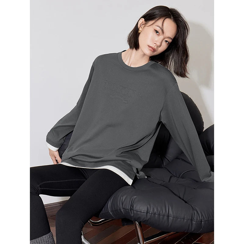 TOYOUTH Women T-shirt 2024 Autumn New Contrast Color Splicing Fake Two piece Letter Medium Length Pullover Tops