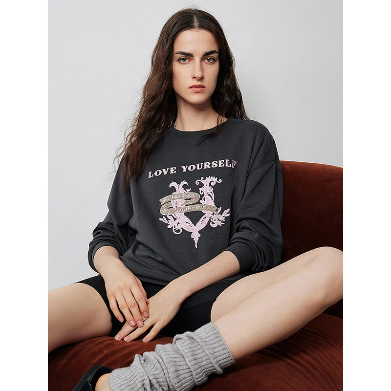 TOYOUTH Women T-shirt 2024 Autumn New Heavy Industry Dargon Pattern Embroidery Long Sleeve Pullover Tops Gray