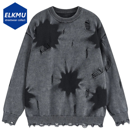 Hip Hop Oversized Sweater Tie Dye Ripped Knit Jumper Men's Harajuku Streetwear Pullover Sweater