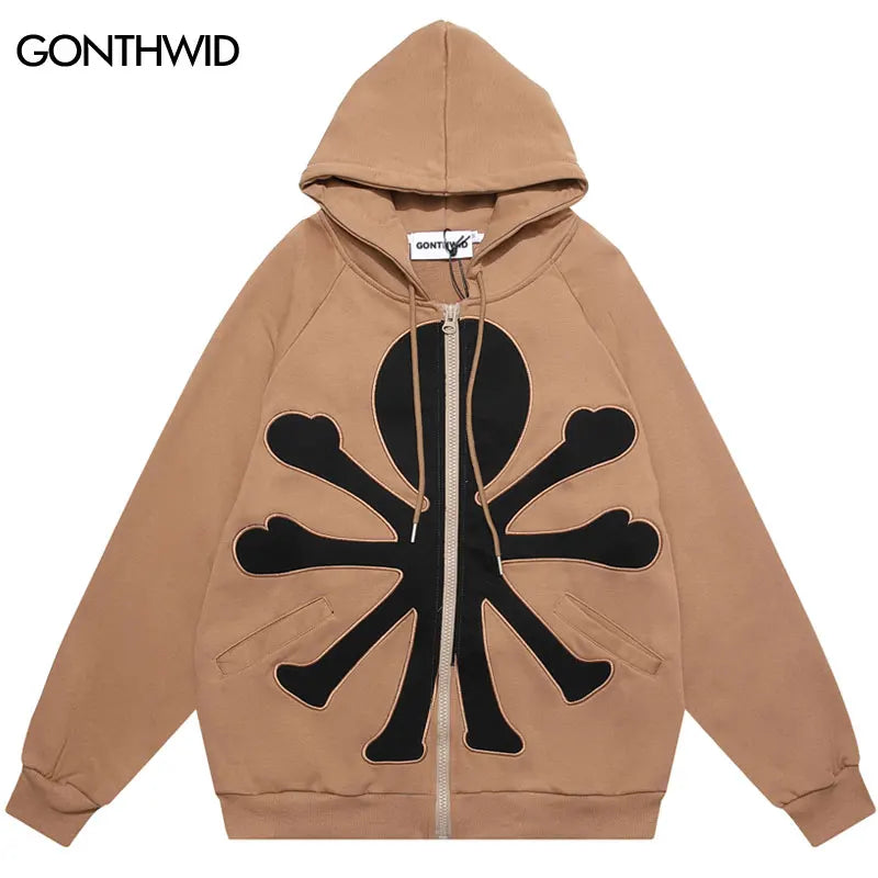 Hip Hop Hoodie Coat Y2K Men Harajuku Embroidery Patch Zipper Hooded Sweatshirt Jacket Streetwear 2024 Fashion Punk Loose Hoodies